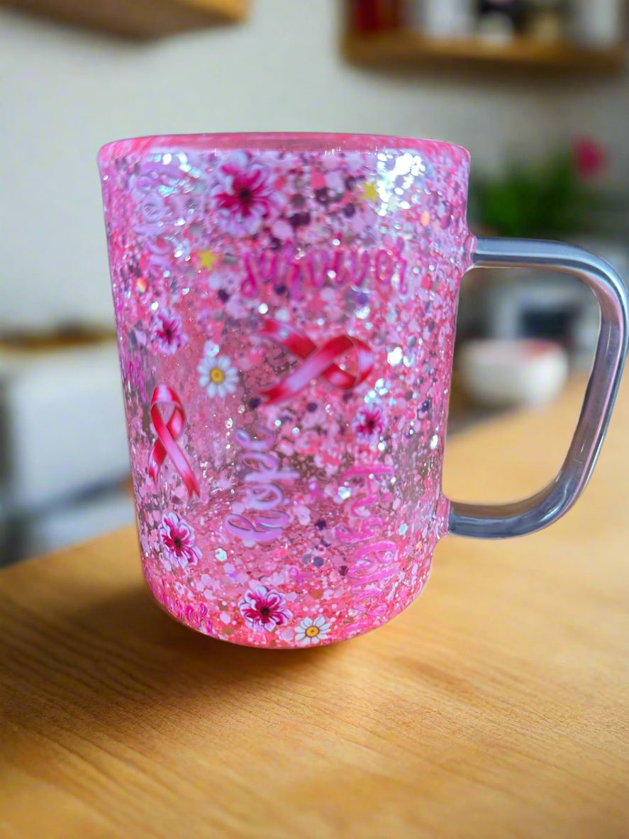 Cancer Survivor Sparkly Pink 15oz Cup with Handle - Ready to Ship