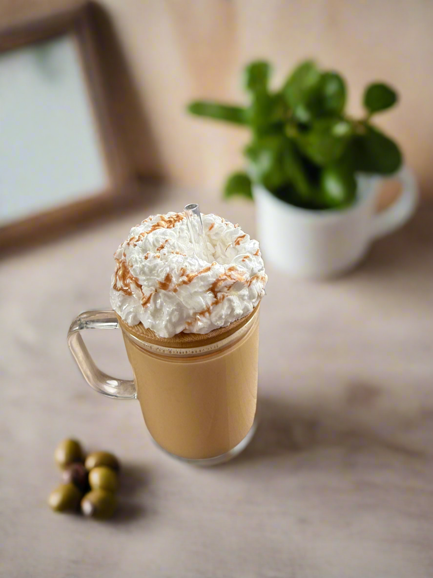 15oz glass coffee style cup with whipped cream style lid. ~ Ready to ship