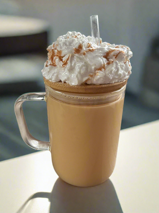 15oz glass coffee style cup with whipped cream style lid. ~ Ready to ship