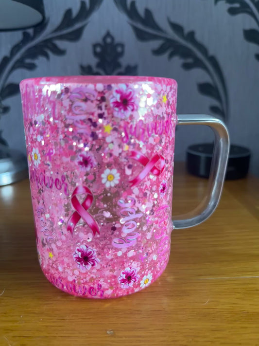Cancer Survivor Sparkly Pink 15oz Cup with Handle